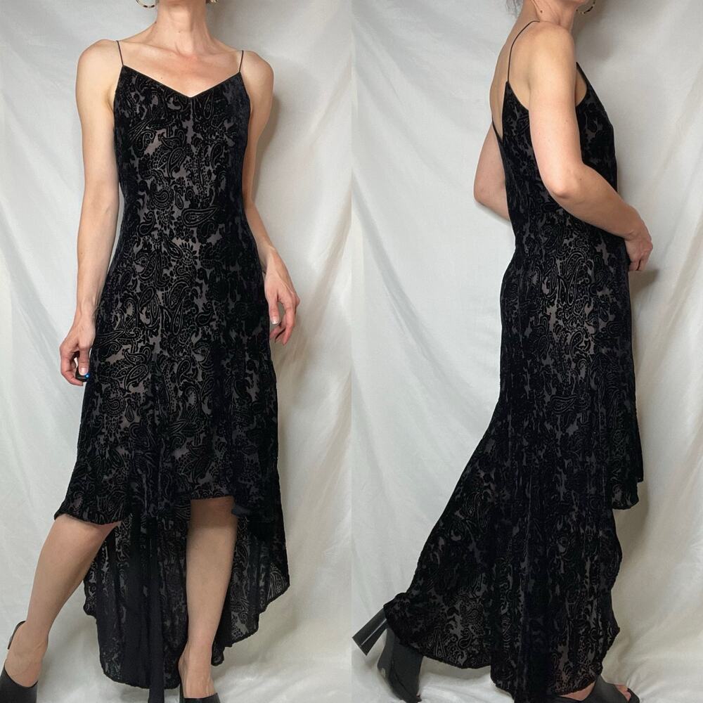 Vintage 90s Y2K velvet burnout slip dress hi-lo train hem black whimsigoth prom - Picture 8 of 15